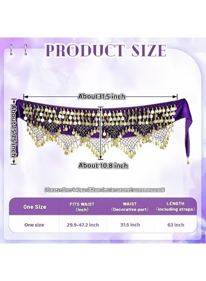 Hiras Belly Dance Hip Scarf with Gold Coins | Adjustable Waist Chain Belt for Women | Metal Coin & Bead Trim | Purple - Image 2